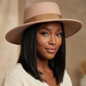 Wide Brim Boater Hat in Faux Felt - Structured Hat with Ribbon CAMEL